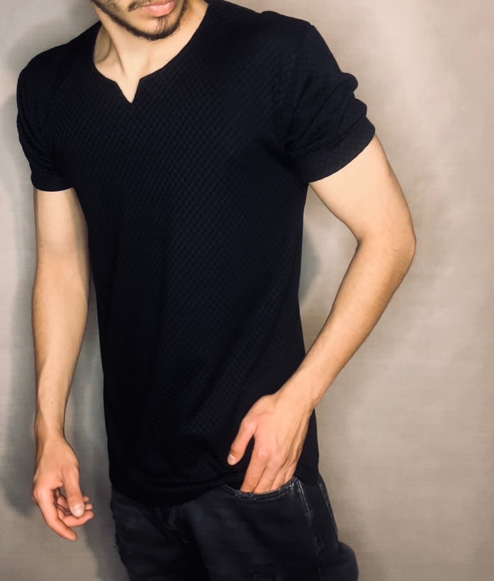 تیشرت پارچه مراکشی مدل یقه کوبایی _ مشکی شطرنجی