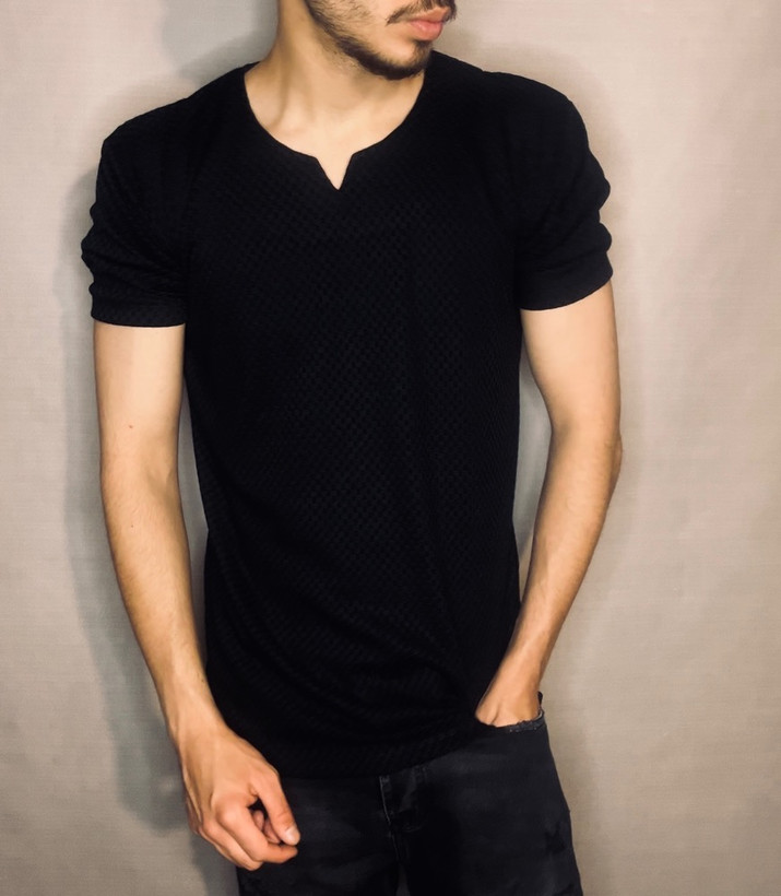 تیشرت پارچه مراکشی مدل یقه کوبایی _ مشکی شطرنجی