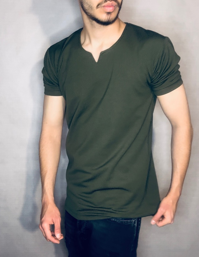 تیشرت پارچه کبریتی مدل یقه کوبایی _ سبز