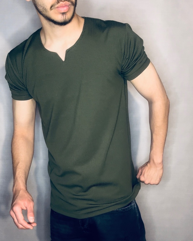 تیشرت پارچه کبریتی مدل یقه کوبایی _ سبز