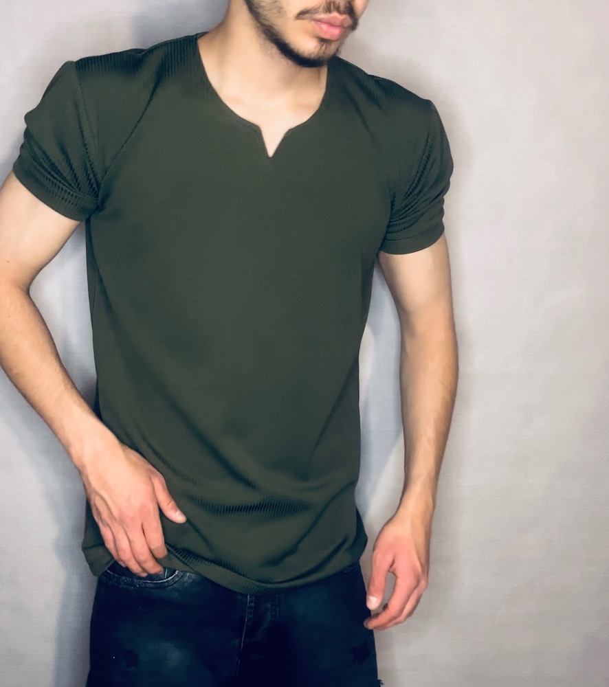 تیشرت پارچه کبریتی مدل یقه کوبایی _ سبز
