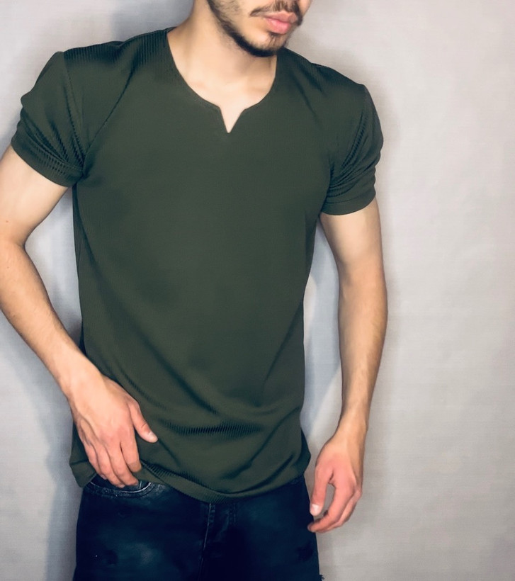 تیشرت پارچه کبریتی مدل یقه کوبایی _ سبز
