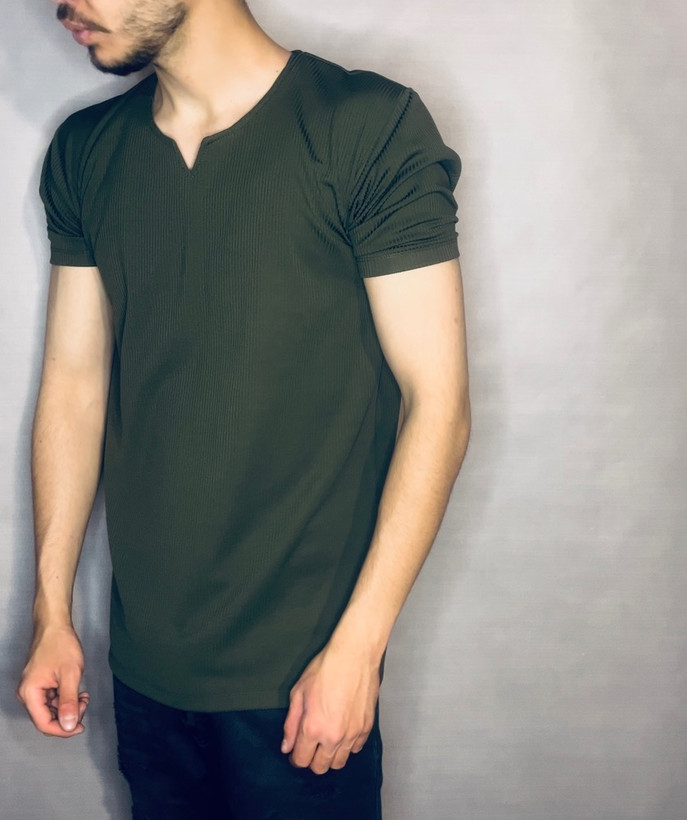 تیشرت پارچه کبریتی مدل یقه کوبایی _ سبز