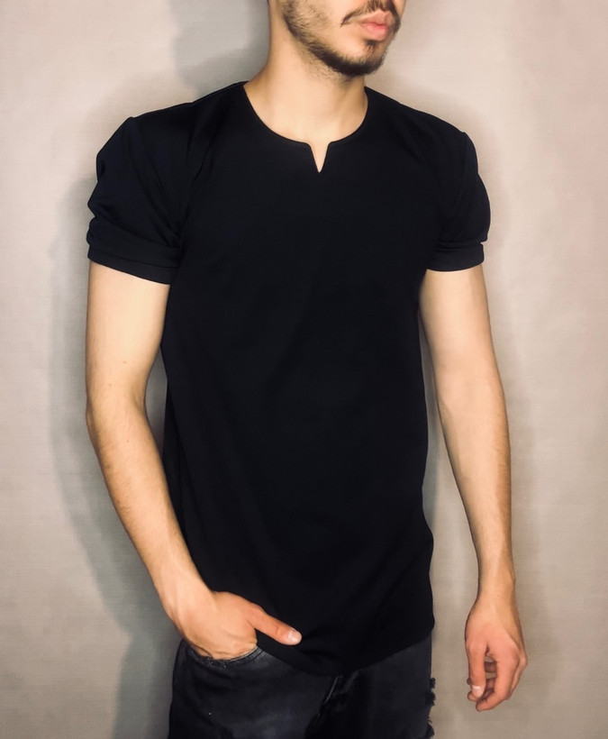 تیشرت پارچه کبریتی مدل یقه کوبایی _ مشکی