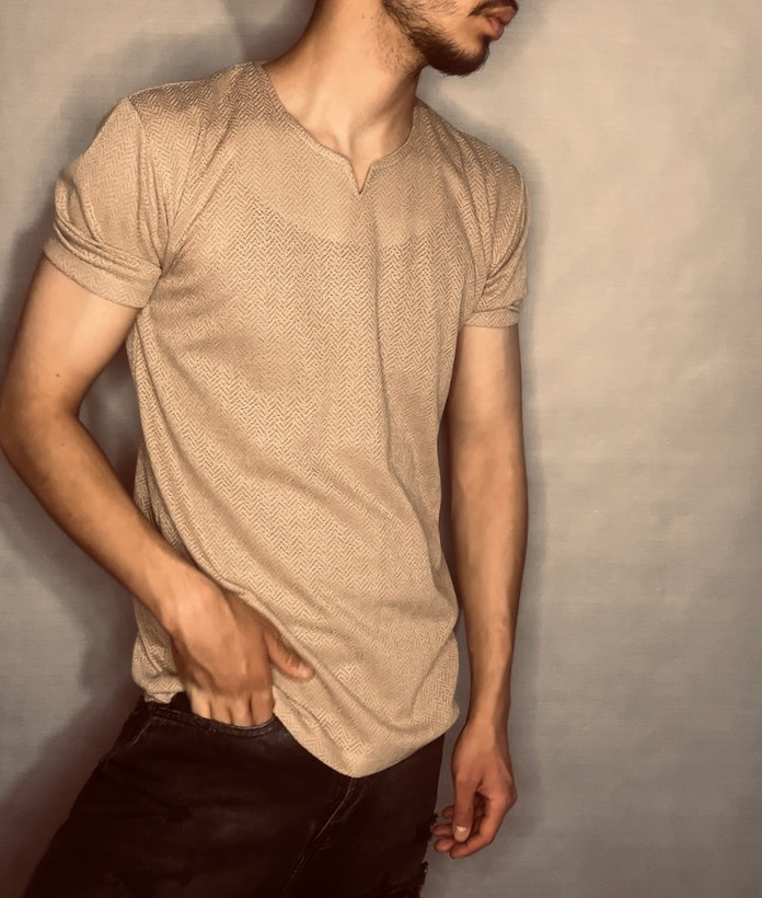 تیشرت پارچه مراکشی تنفسی مدل یقه کوبایی _ نسکافه ای