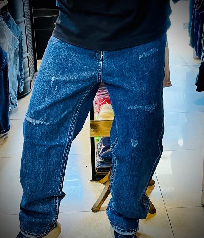 شلوار جین بگ استایل مدل سنگ شور _ آبی کاربنی نرمال