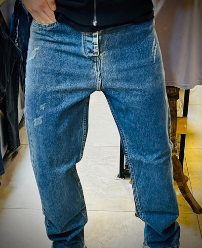 شلوار جین نیم بگ مدل کثیف شست _ آبی کثیف شست