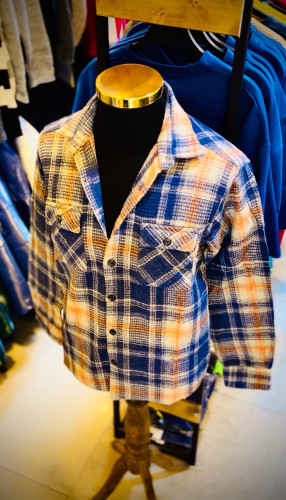 پیراهن پشمی تمام پنبه گرم بالا مدل چهارخونه _ آبی نارنجی