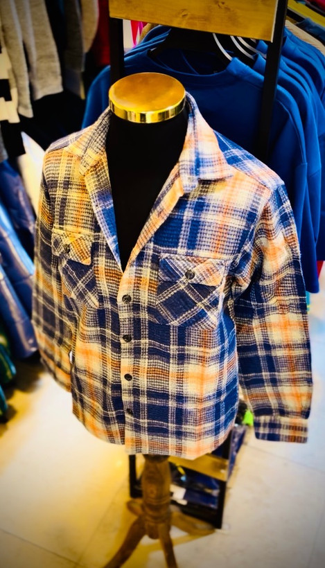 پیراهن پشمی تمام پنبه گرم بالا مدل چهارخونه _ آبی نارنجی