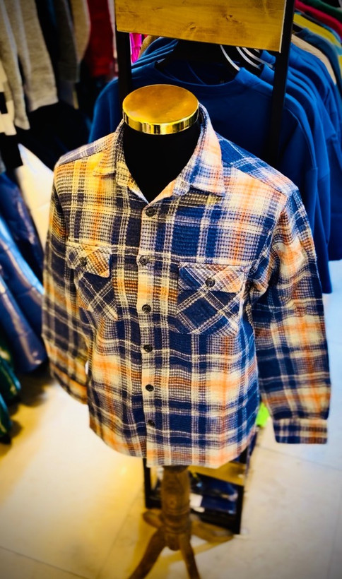 پیراهن پشمی تمام پنبه گرم بالا مدل چهارخونه _ آبی نارنجی