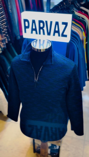 پیراهن بوکله تمام پنبه گرم بالا مدل یقه نیم زیپ _ آبی مشکی