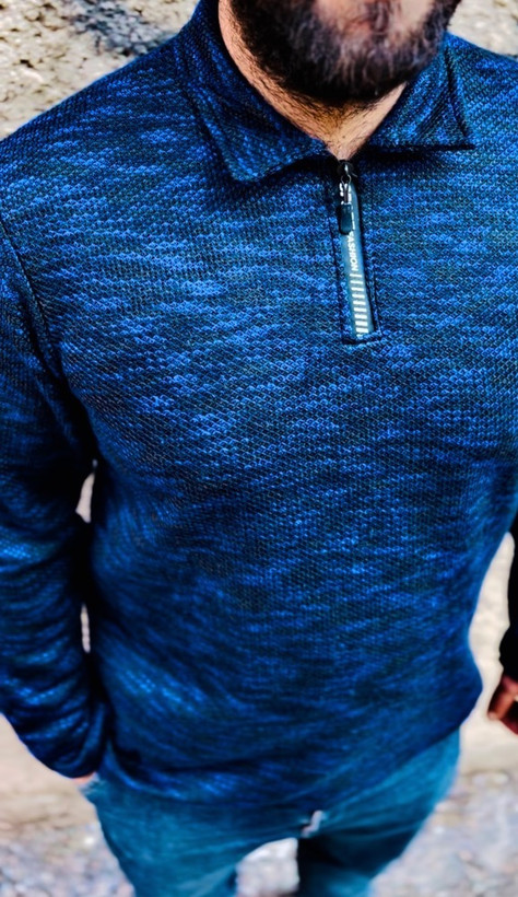 پیراهن بوکله تمام پنبه گرم بالا مدل یقه نیم زیپ _ آبی مشکی