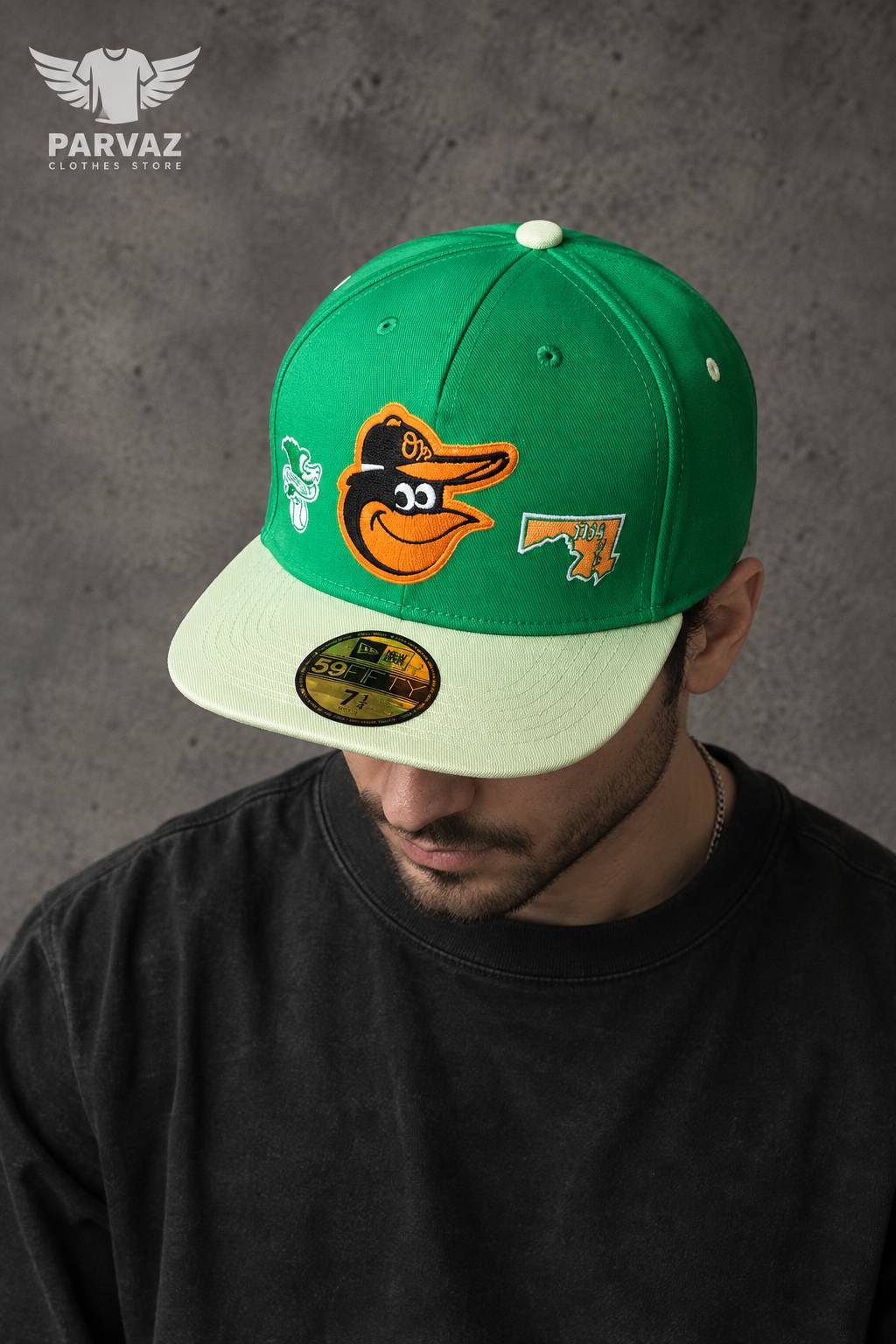کلاه کپ بک فیت مستر کوالیتی وارداتی FIFTY 59 مدل Baltimore Orioles _ سبز نقاب طوسی