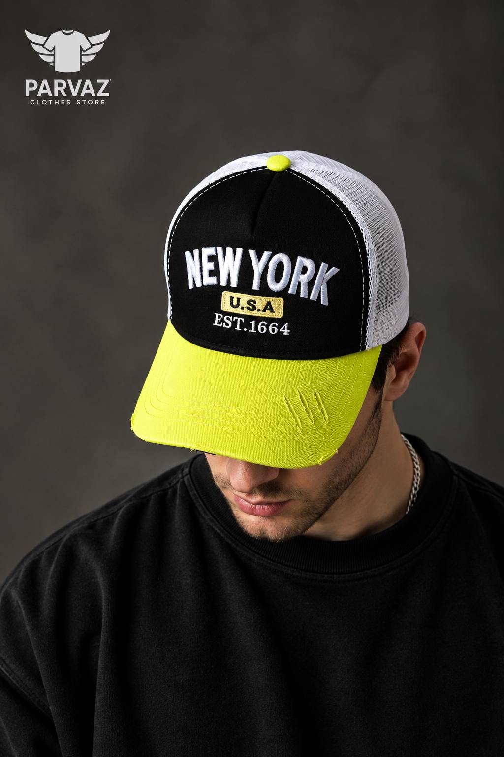 کلاه بیسبالی وارداتی مدل آیسانی NEW YORK _ مشکی نقاب زرد